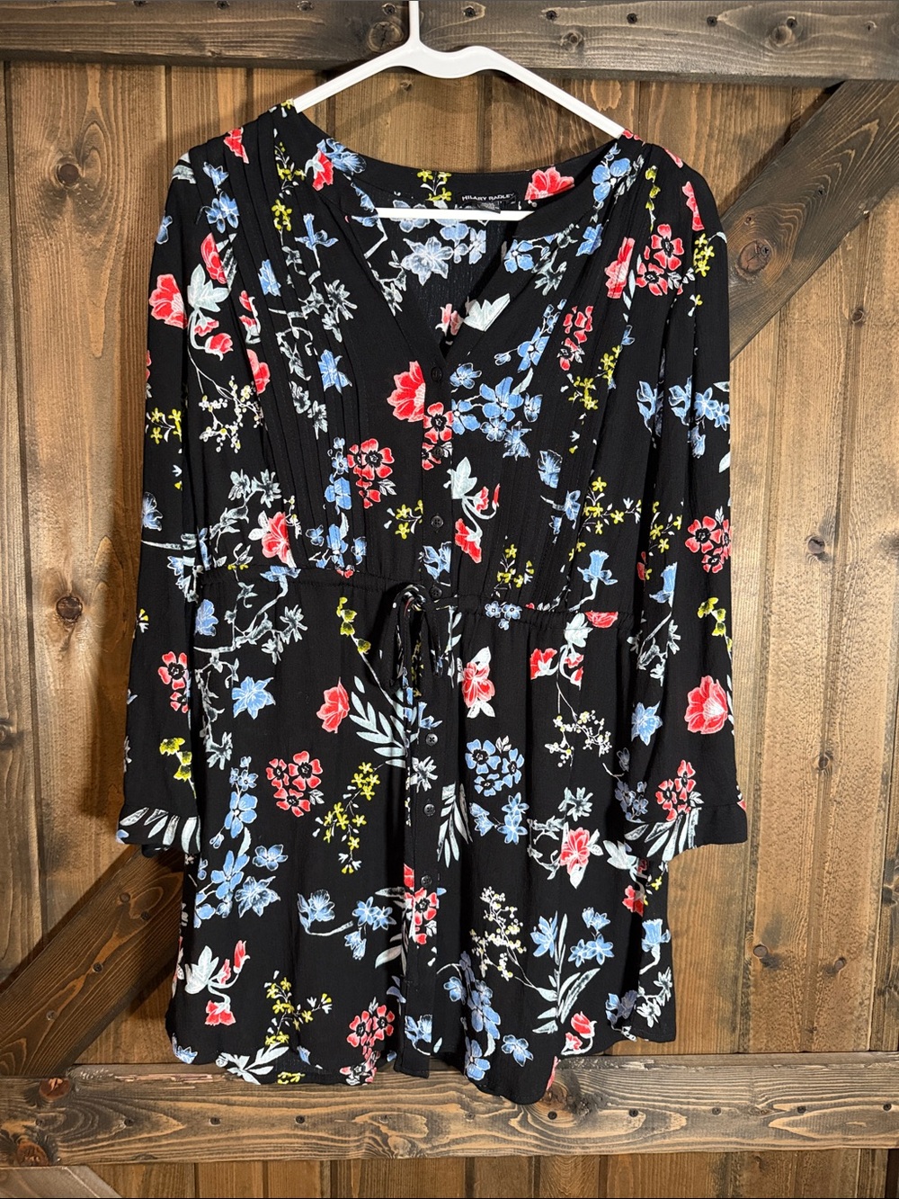 Hilary Radley Black Floral Long-Sleeve V-Neck Drawstring Dress